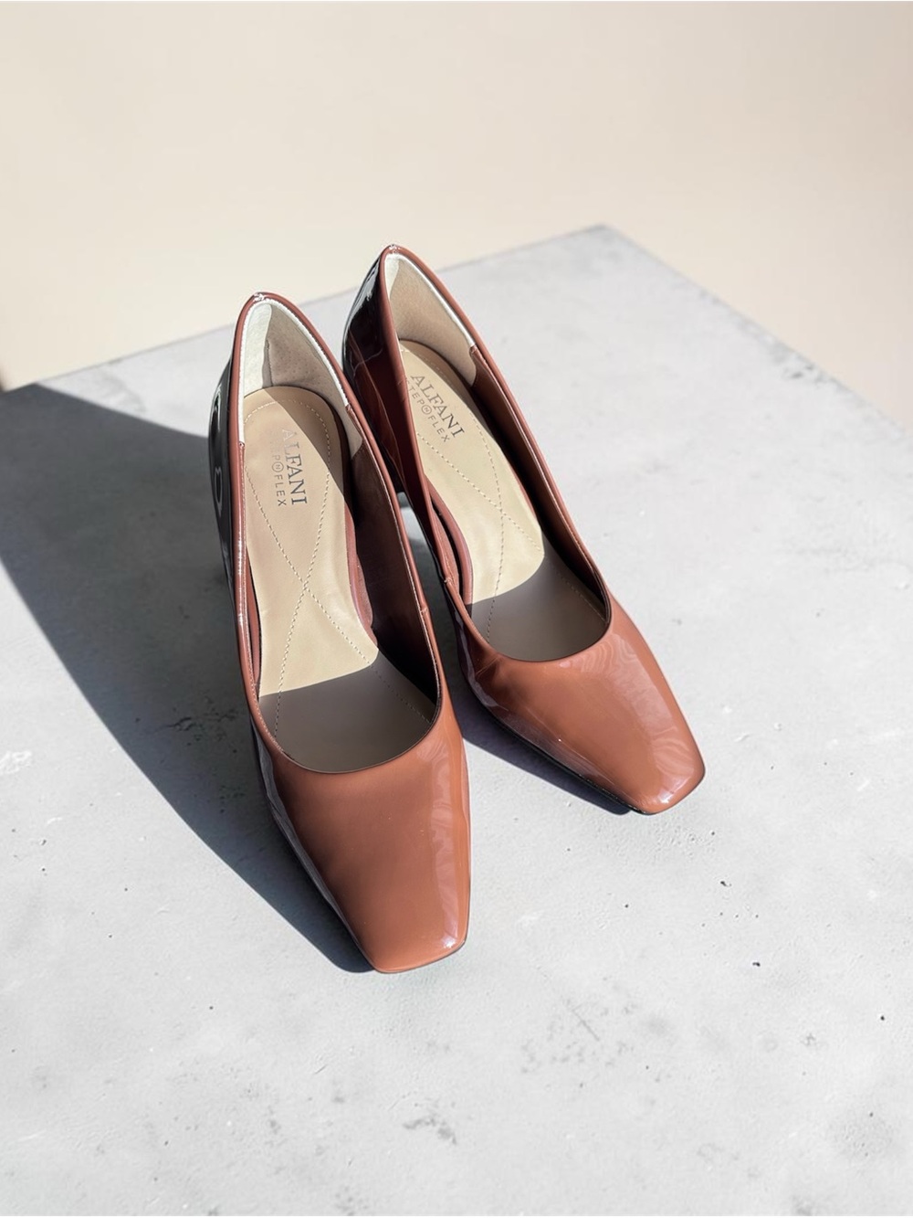 Alfani Brown Patent Square-Toe Pumps with Black Trim size 9